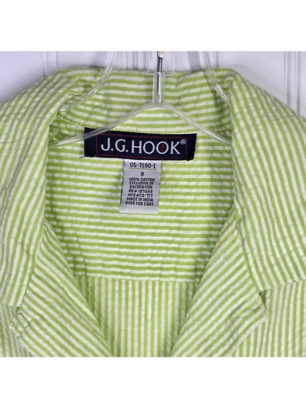 JG Hook Dress 8 Green Striped Seersucker Midi Button Up Nautical Coastal Casual - Picture 3 of 11